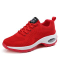 Women's red round toe mesh sneakers with front lace-up and 3-5cm mid heel for sports