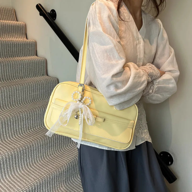 Women's horizontal square PU shoulder bag with flap and double straps in choice of colours