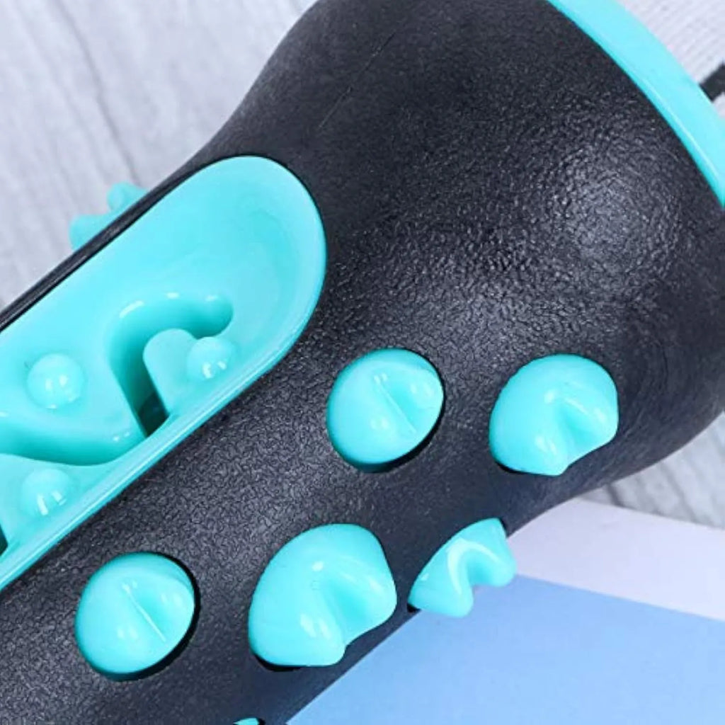 Natural rubber dog toothbrush chew toy in blue colour for dental cleaning, measuring 15cm long.