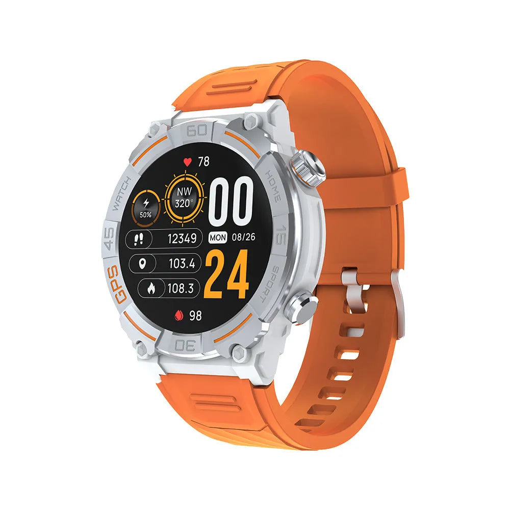 MG02 smart watch in black, khaki, or silver orange on wrist, showing TFT touch screen with health metrics display.