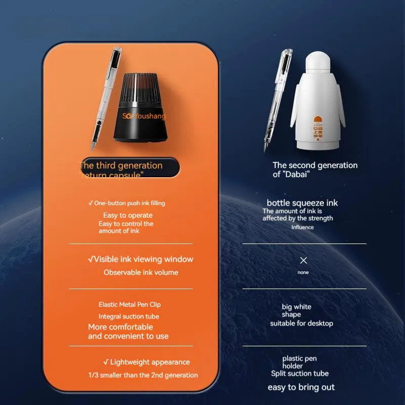 Student automatic suction pen set with plastic shell, refillable ink feeder, and choice of 0.38mm or 0.5mm pen heads