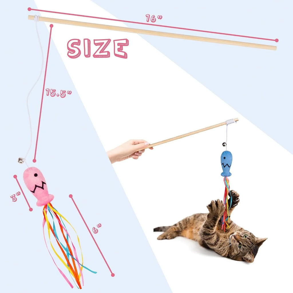 Cat wand toy with wooden handle, elastic string, catnip fish, colourful ribbons and metal bell