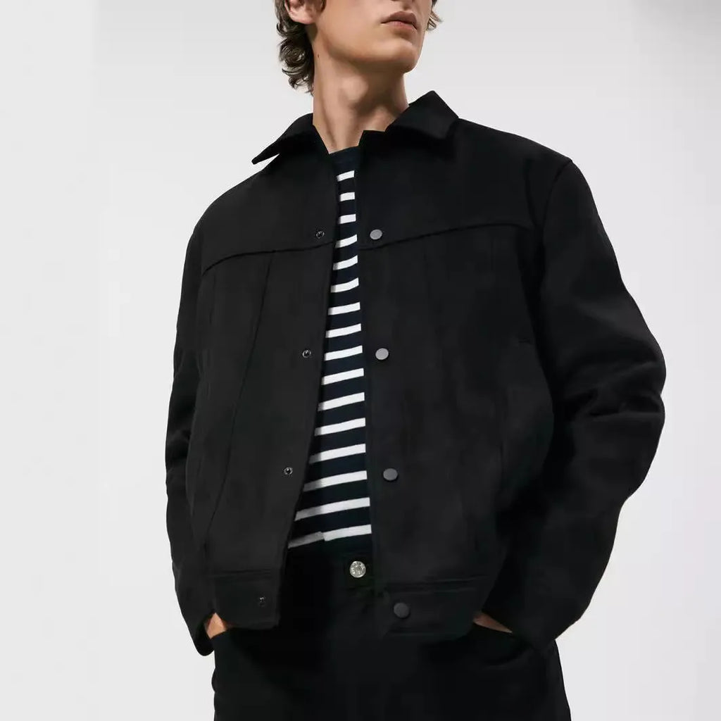 Men's black hooded jacket with suede collar showing loose sleeves and straight hem