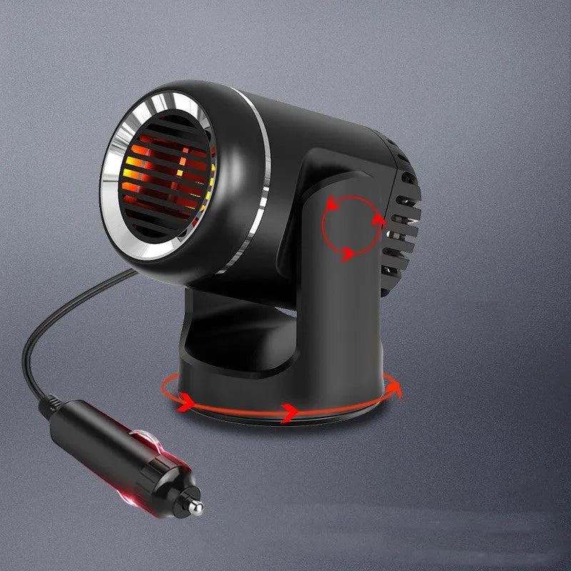 Black and white 12v portable car heater with hot cold settings for vehicle defrosting