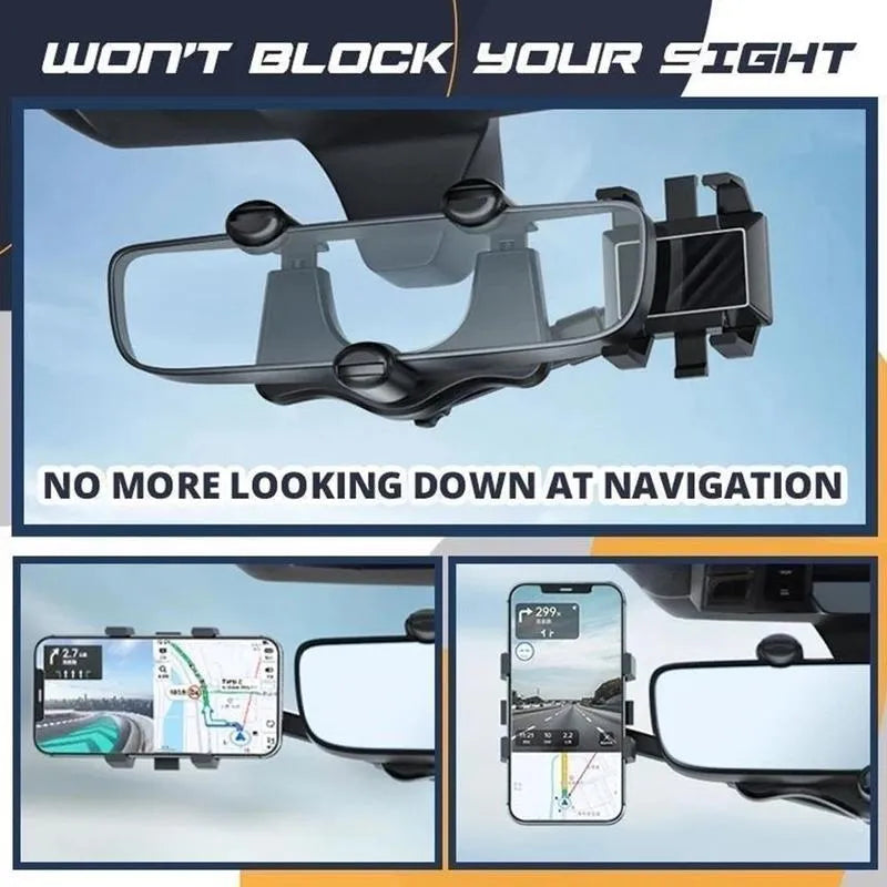 Black rearview mirror car phone holder with telescopic arm and four-claw phone grip, shown in a vehicle.