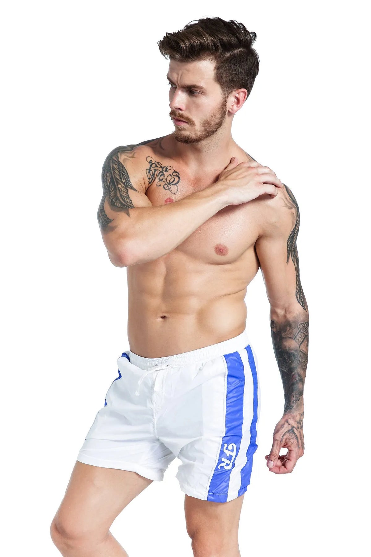 Men's blue lace-up sports shorts with padding on a shorts-length, slim-fit design