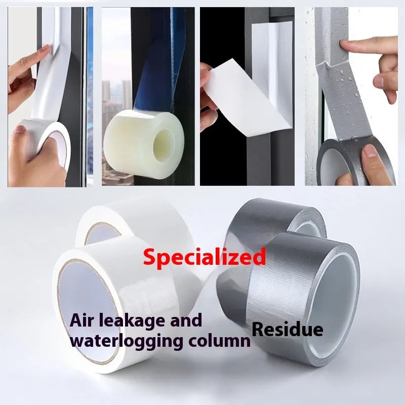 High adhesive thickened windproof sealing tape on roll in transparent, white, and silver grey colours.