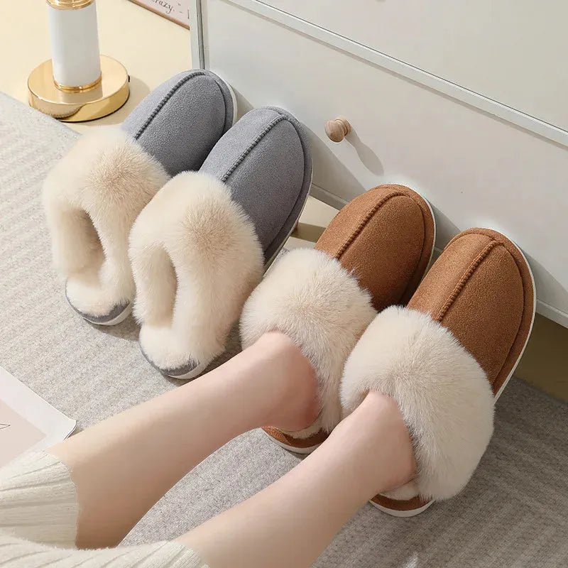 Brown plush women's slippers with a round toe, flat heel, and textured non-slip sole.