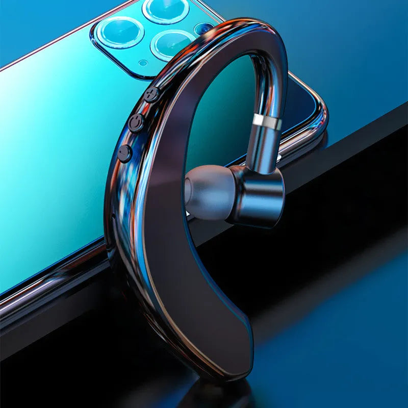A single black wireless Bluetooth headset with an in-ear design, shown rotated for right or left ear wear.