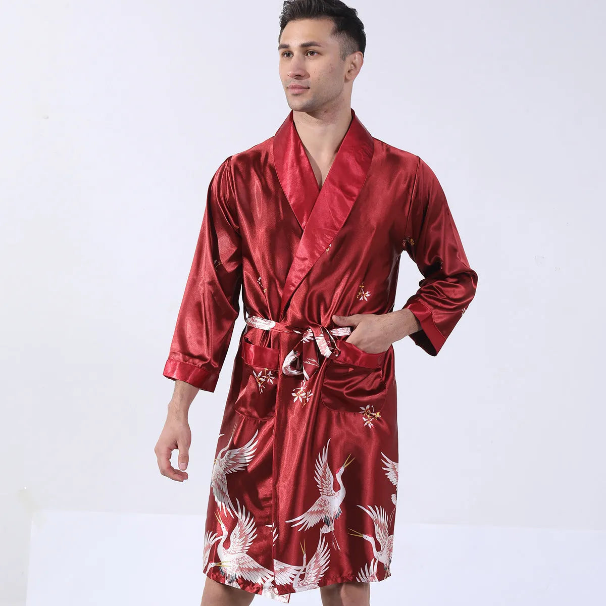 Man wearing a lightweight black and yellow collar rayon polyester bathrobe for summer.