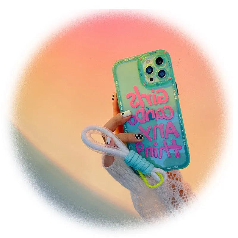 Transparent TPU phone case with graffiti artwork and attached lanyard for Apple iPhone models