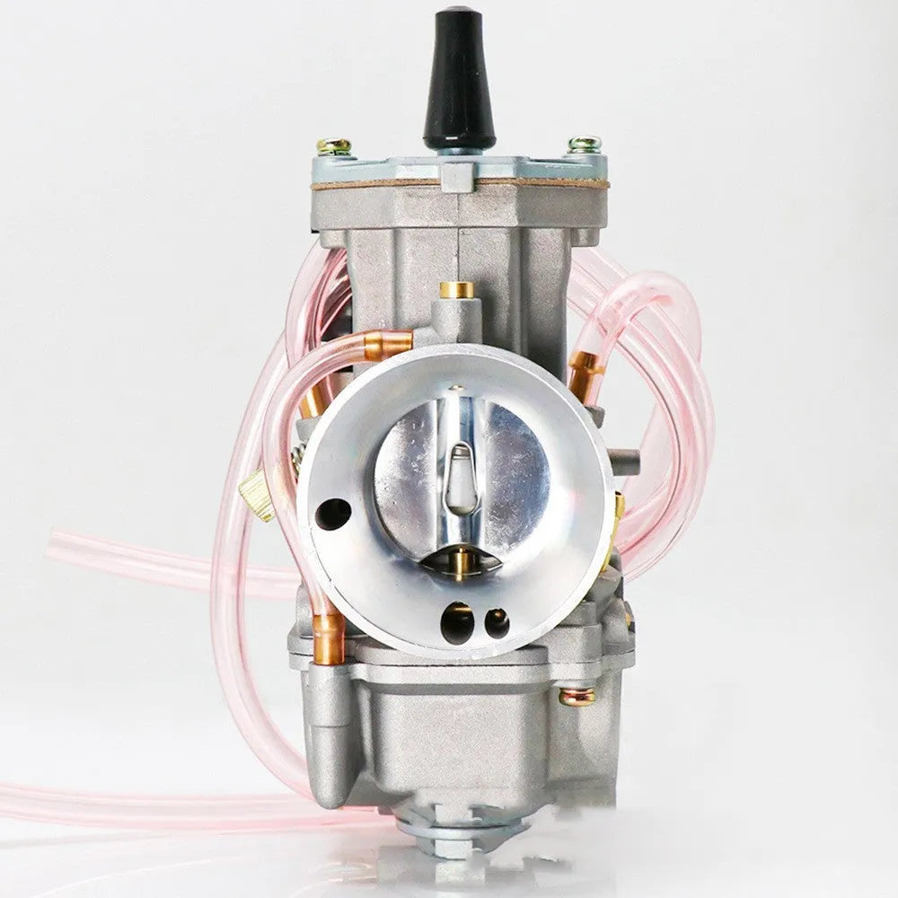 Sandblasted motorcycle carburettor with multiple bore size options for engine performance tuning.