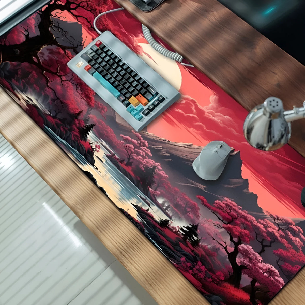 Large black anime gaming mouse pad with detailed graphics on smooth cloth surface