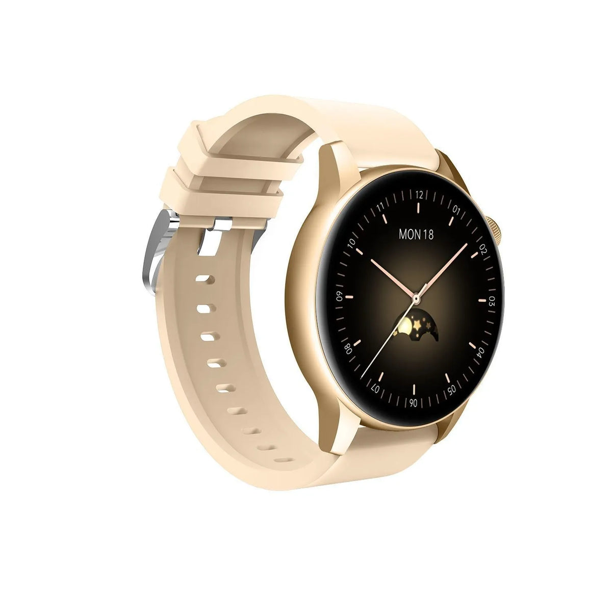 Multi-function smart watch with 1.30-inch colour screen in black, pink, or silver on wrist.