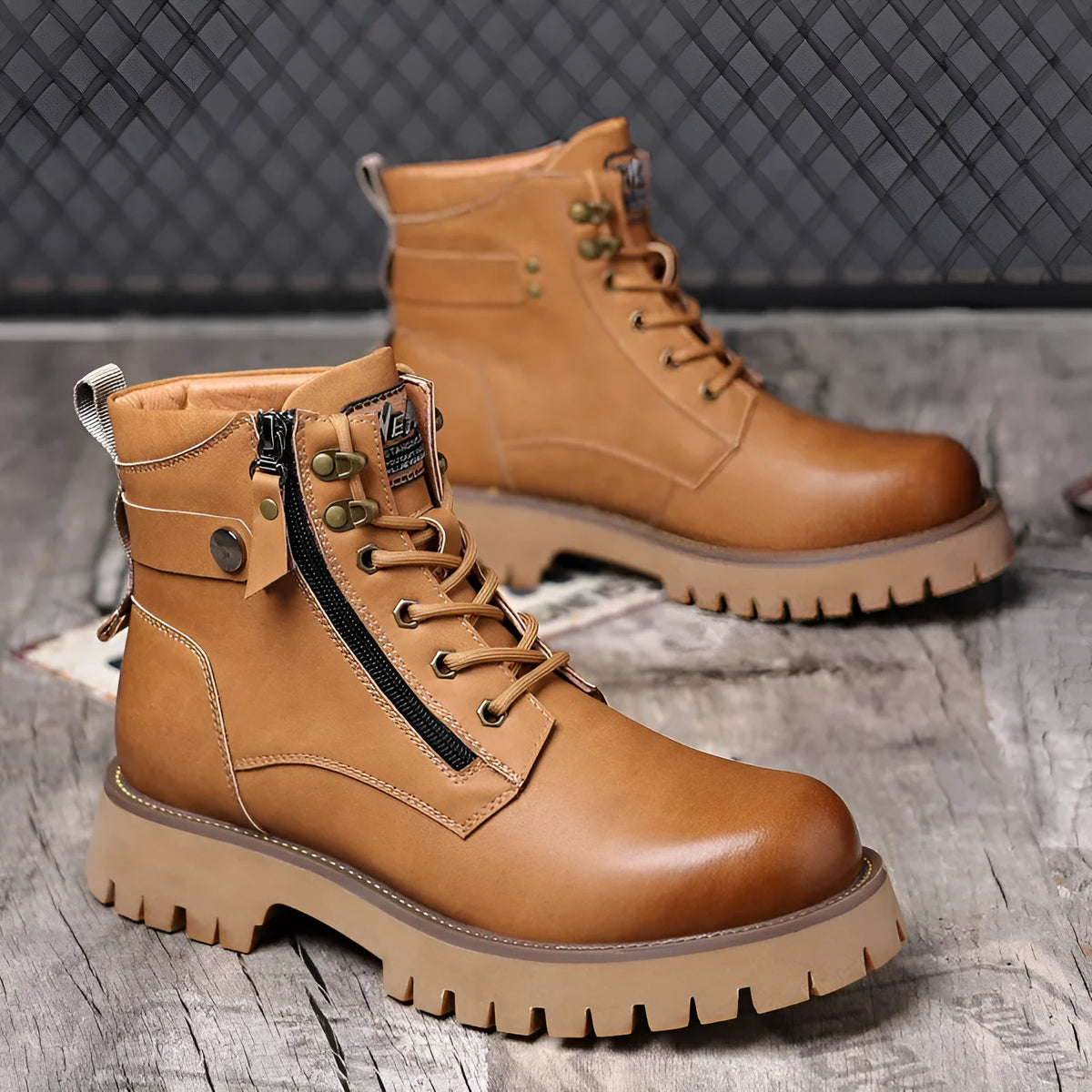 Men's brown leather high-top boots with side zipper and mid heel