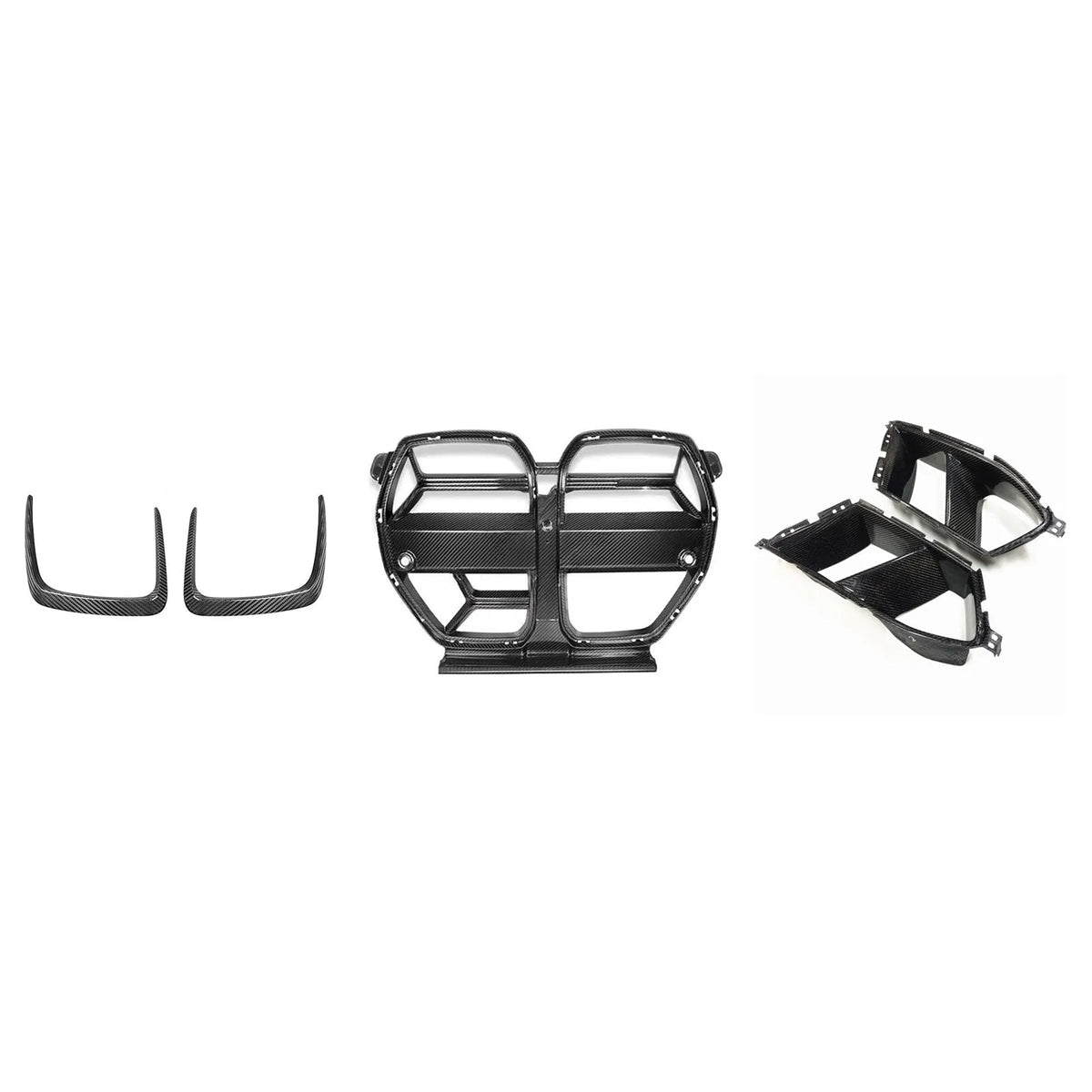 Black dry carbon fibre front bumper grille for BMW M3 M4 G80 G82 models showing 3K weave pattern.