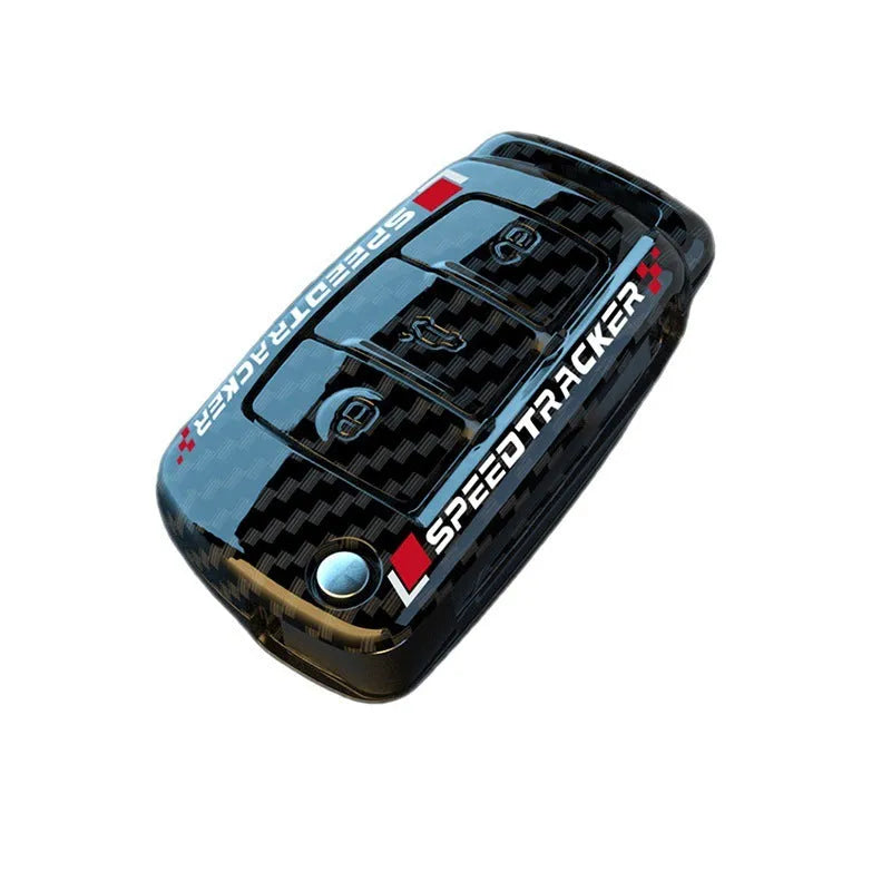 Carbon fibre pattern car key cover with mirrored surface elements in carbon black colour