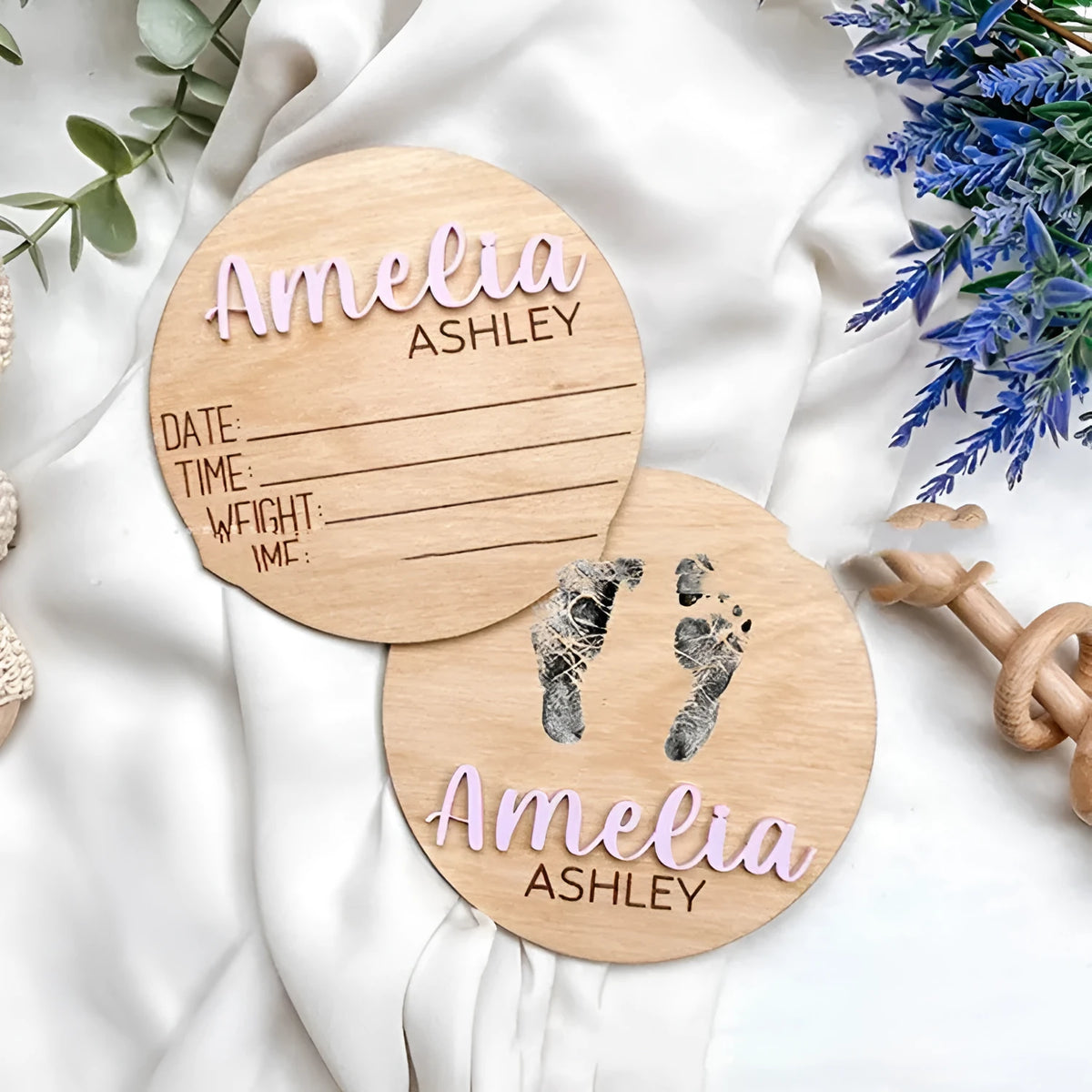 Brown limewood baby birth announcement board in a modern art style, available in sizes from 102mm to 203mm.