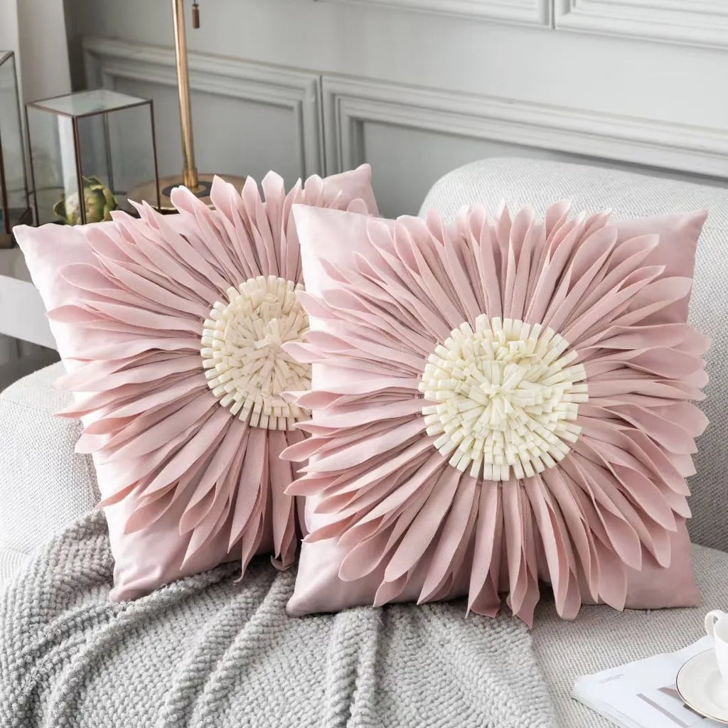 45cm velvet cushion cover with 3D tufted chrysanthemum front, fringed hem and bottom zip, shown in blue
