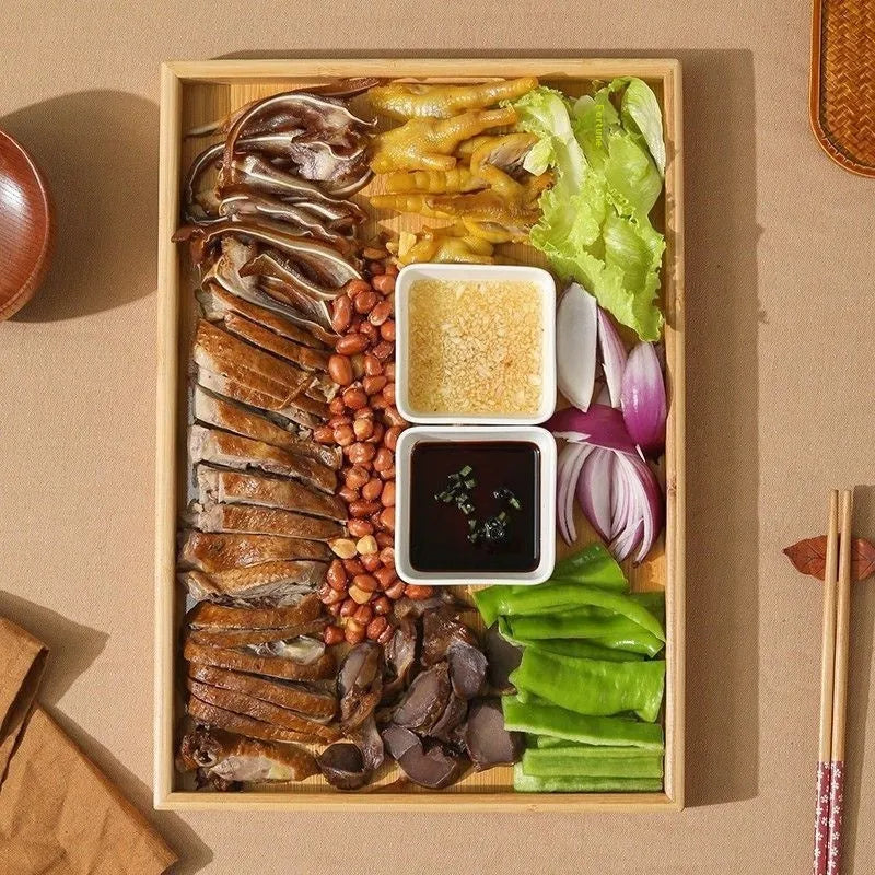 Square bamboo barbecue tray with brown handle for commercial catering service