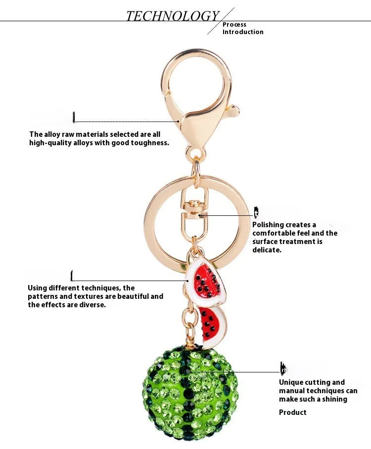 Green zinc alloy watermelon-shaped keychain measuring 12cm with metal keyring