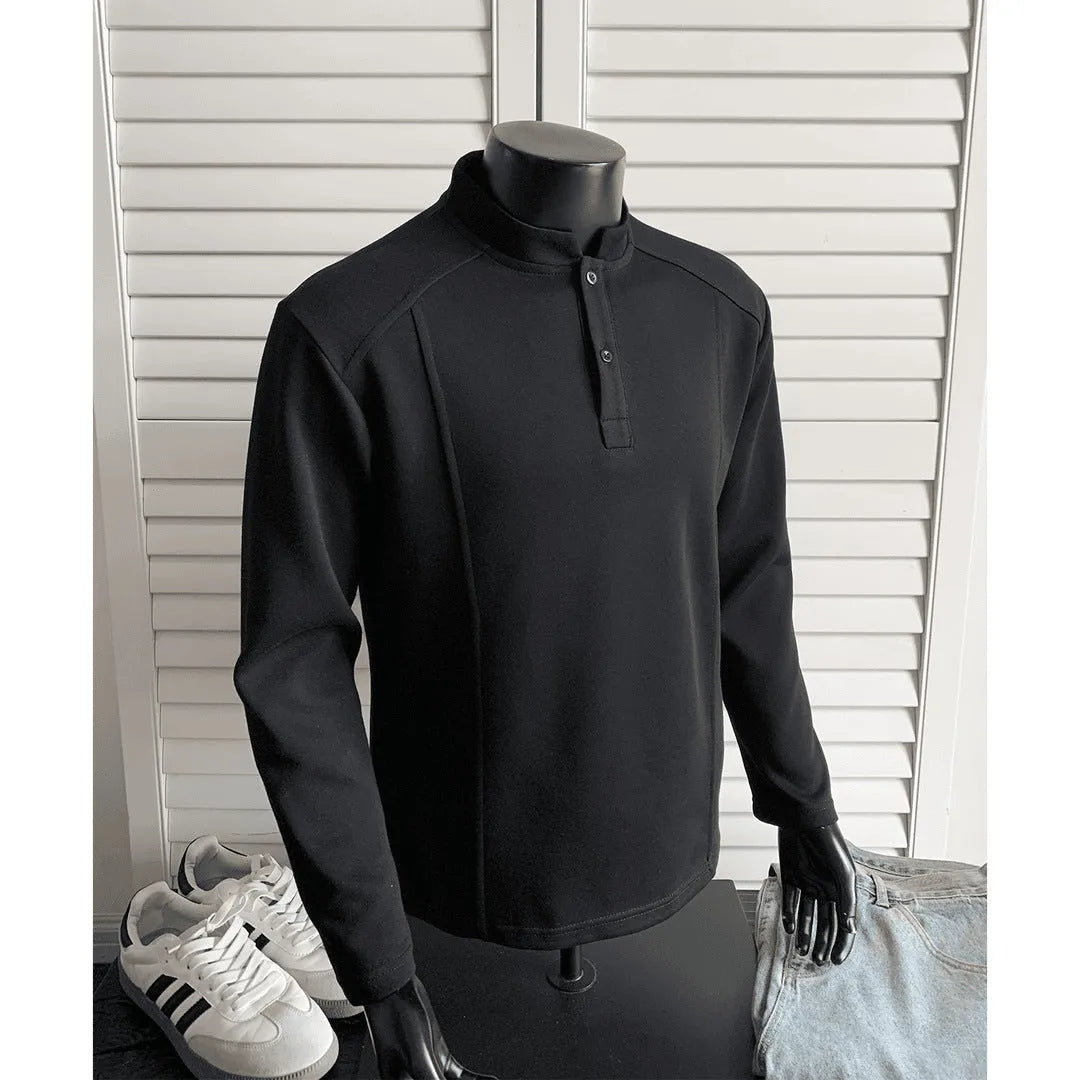 Men's loose fit patchwork collar polo shirt in white gray colour with stand-up collar and long sleeves
