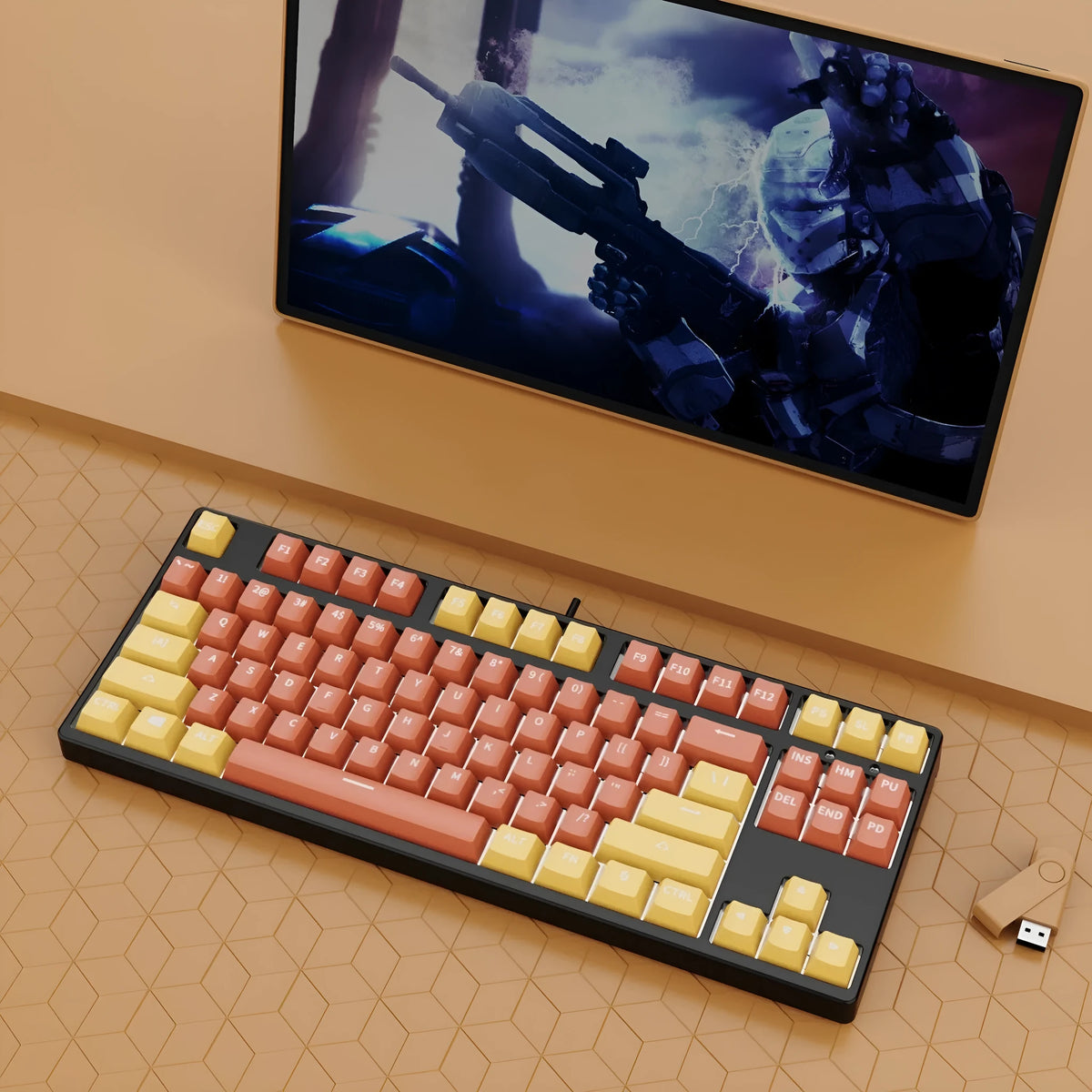 87-key wired mechanical keyboard with hot-swappable sockets in a dual-colour design