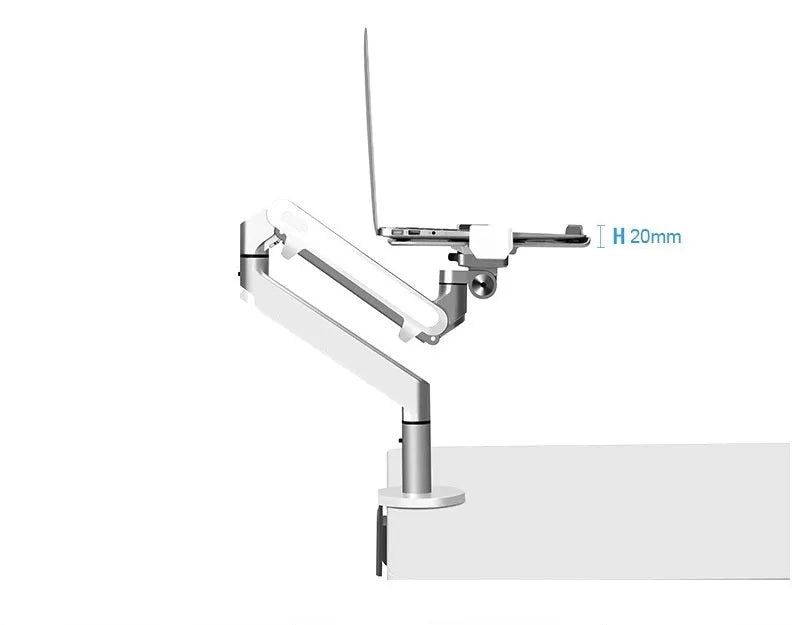 Black aluminium Free Hover adjustable laptop stand mounted on a desk edge, holding a silver notebook.
