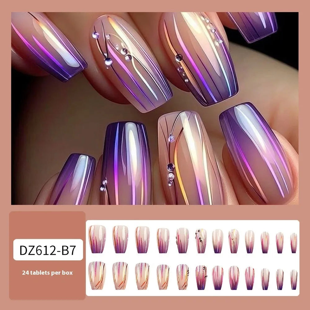 Magic purple line gradient nail stickers with starry sky pattern and jelly glue for short ballet nails