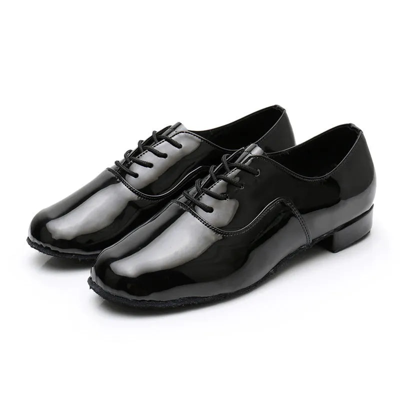 Men's black polished leather dancing shoes with calf leather soles for indoor Latin and ballroom practice