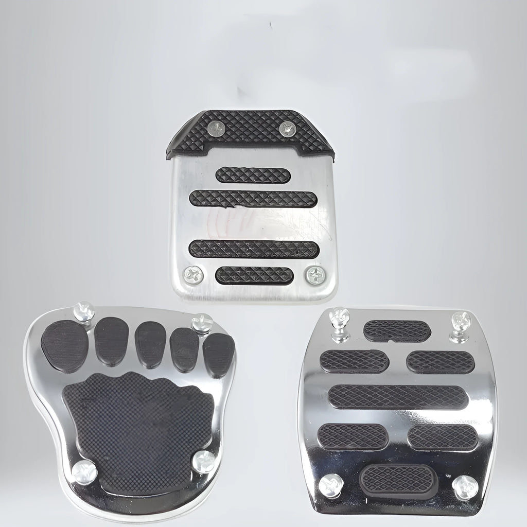 Metal brake pedal skid plate for motorcycle or scooter, shown as a foot-type footplate.