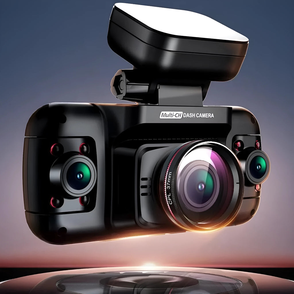 Plastic multi-lens car dash cam with a 2-inch screen on a car dashboard.