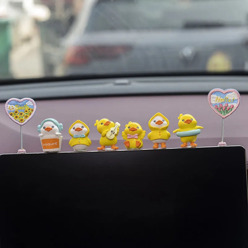 PVC duckling car interior decoration set with 6 duck figures and welcome sign for dashboard