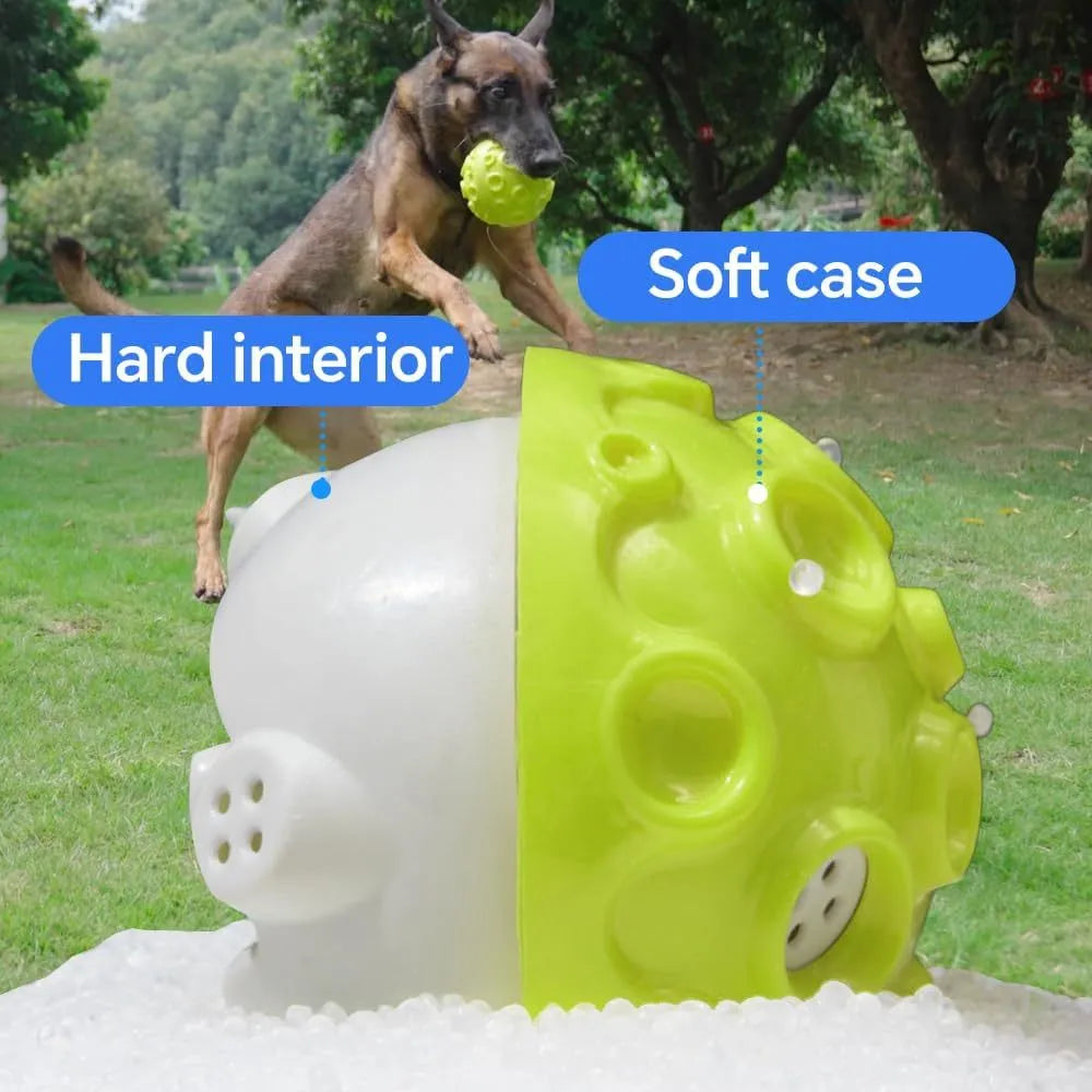 Durable natural rubber dog ball toy with squeaker and teeth-cleaning bumps for aggressive chewers
