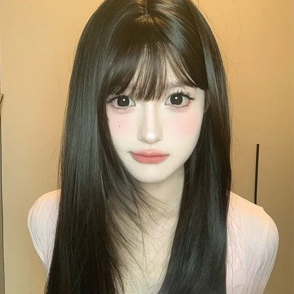 Dark brown women's wig with long straight hair and fringe, made from heat-resistant synthetic fibre