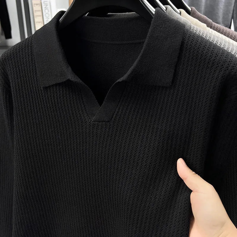 Men's loose fit casual pullover sweater in green, shown on a model.
