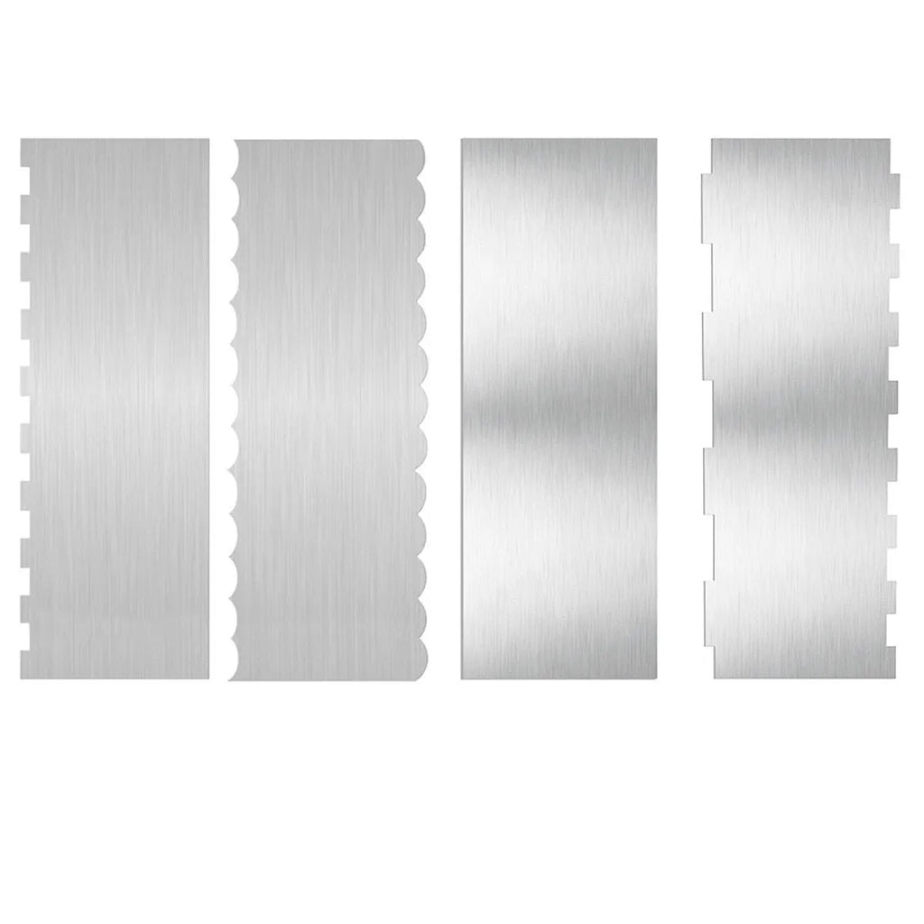 Stainless steel cream scraper cake decorating tool showing polygon patterns for textured cake finishes