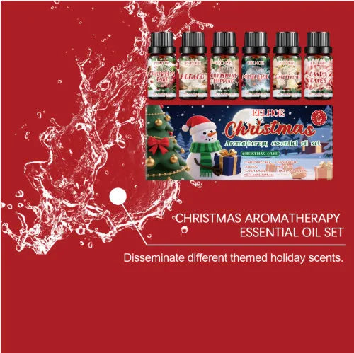 Christmas aromatherapy oil set showing six 60ml bottles with reed diffusers for festive home scent