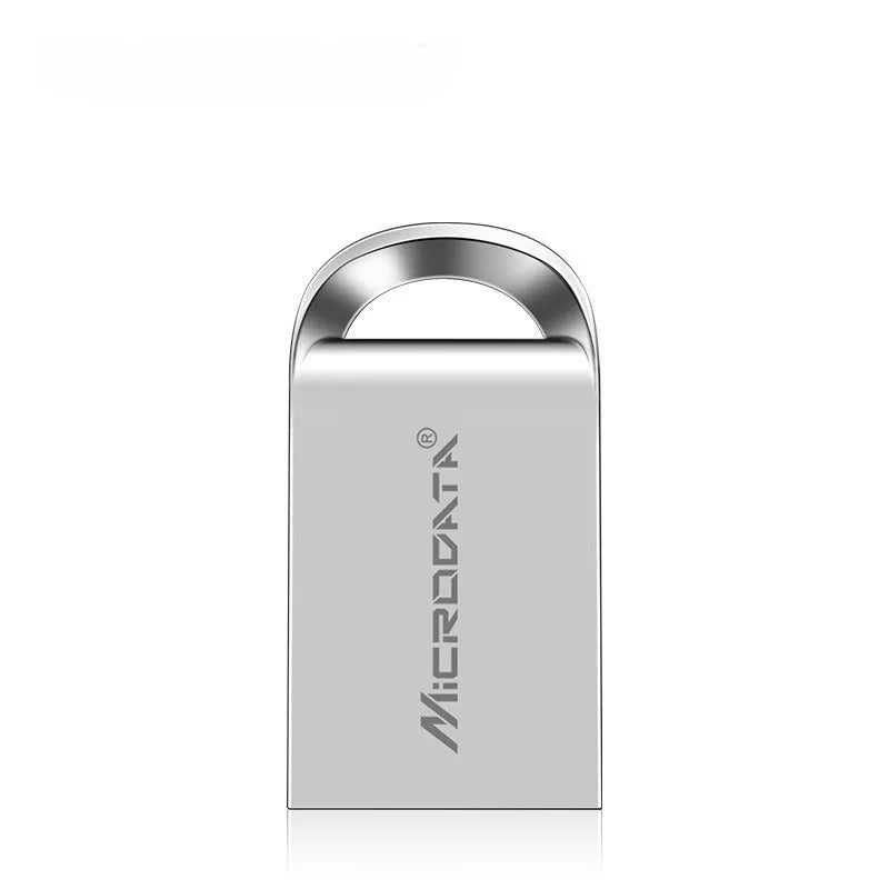 Small silver metal USB flash drive on a chain, worn as a neck pendant.