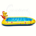 Blue inflatable dinosaur-shaped water spray pool for children in a garden