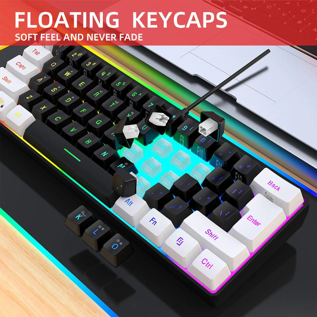 Wired 61-key membrane keyboard with white and black colour scheme showing compact design and USB cable