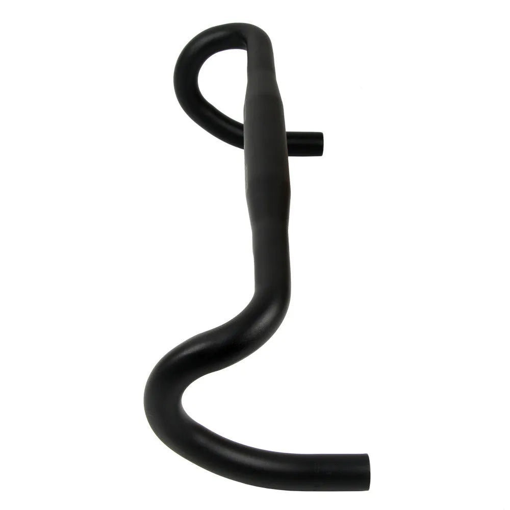 UNO black aluminium alloy road bike drop handlebar showing small bend and printing mark on clamp.