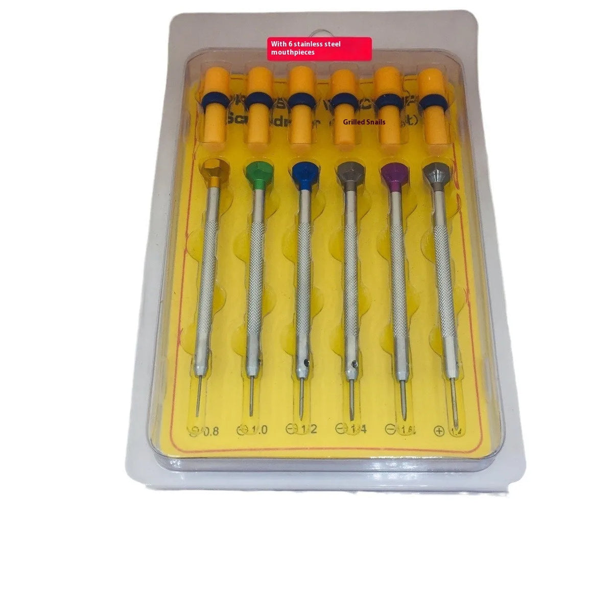 Six coloured aluminium handle screwdrivers for watch repair with spring steel cutter heads