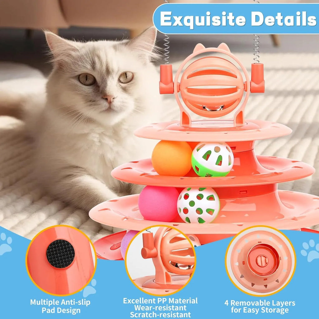 Blue 4-tier cat puzzle toy with balls and teasing rods on non-slip base