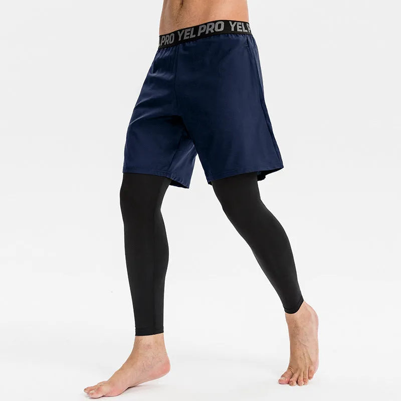 Men's tight grey sports pants made from quick-drying polyester spandex fabric for running and fitness.