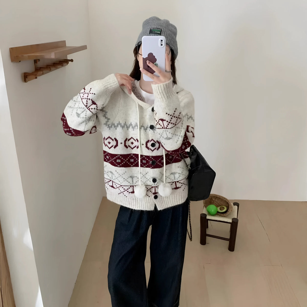 Plus size women's brocade sweater coat with geometric pattern in milky white