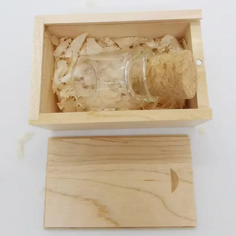 Wooden and transparent resin wish drift bottle design USB flash drive on white background.