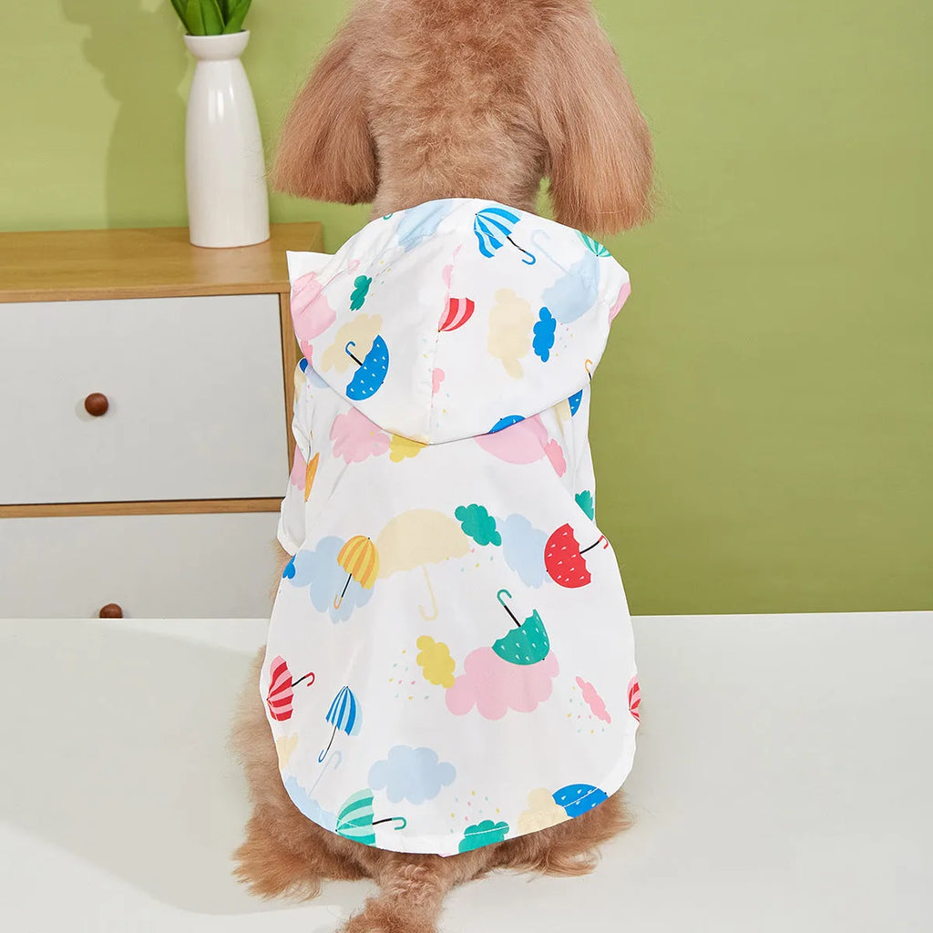 Colourful cartoon umbrella pattern pet raincoat for dogs or cats in size medium.