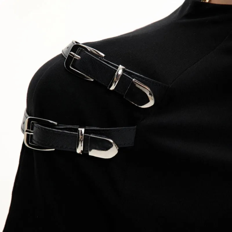 Men's slim fit black short sleeve T-shirt with a small stand-up collar and metal belt design detail.