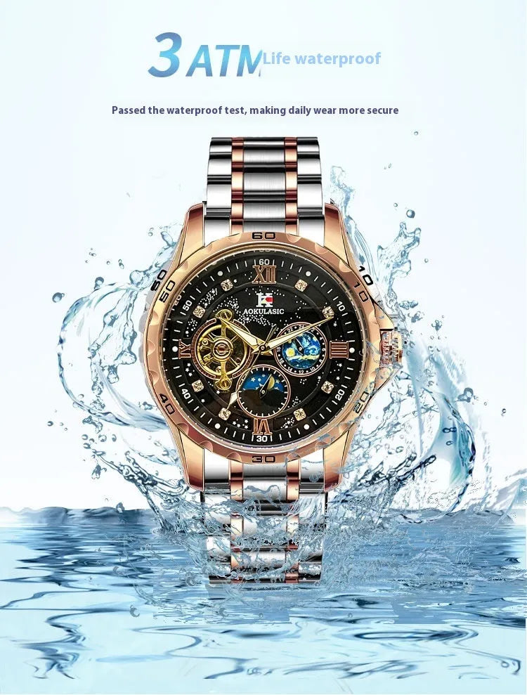 Automatic mechanical men's watch with rose gold shell and black dial showing large multifunctional display